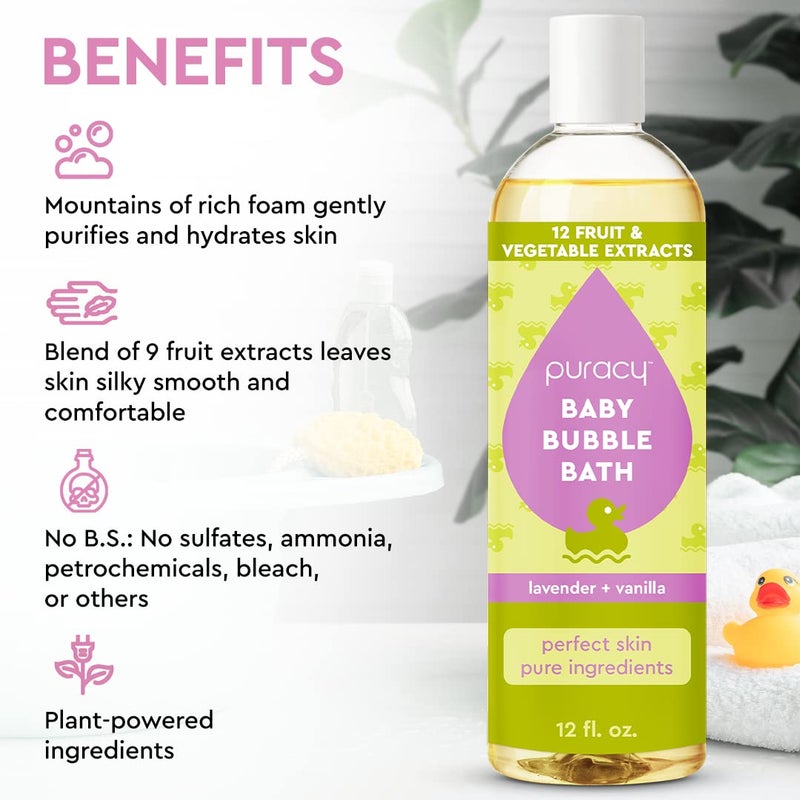 Puracy Bubble Bath for Children, Gently Scented with Real Lavender & Vanilla, 98.75% Natural Baby Bubble Bath, Plant-Based Moisturizers for All Skin Types, Tear-Free for Daily Use, 12 Fl Oz - Image 2